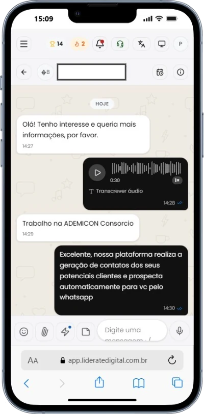 Plataforma Liderate aberta no navegador do celular, exibindo uma conversa de prospecção em andamento