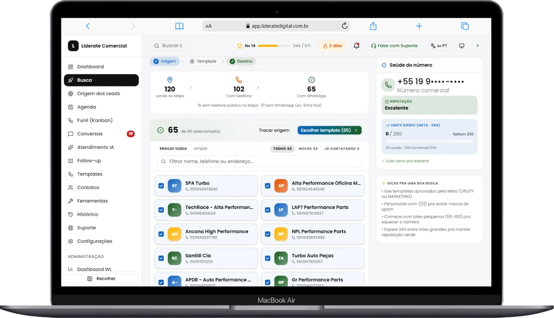 Tela de busca da plataforma Liderate: 120 empresas localizadas, 102 com telefone e 65 com WhatsApp, prontas para prospecção